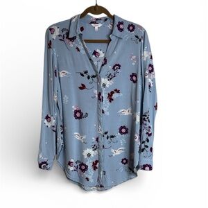 Candie's Blue Floral Blouse Top Size L Button Up